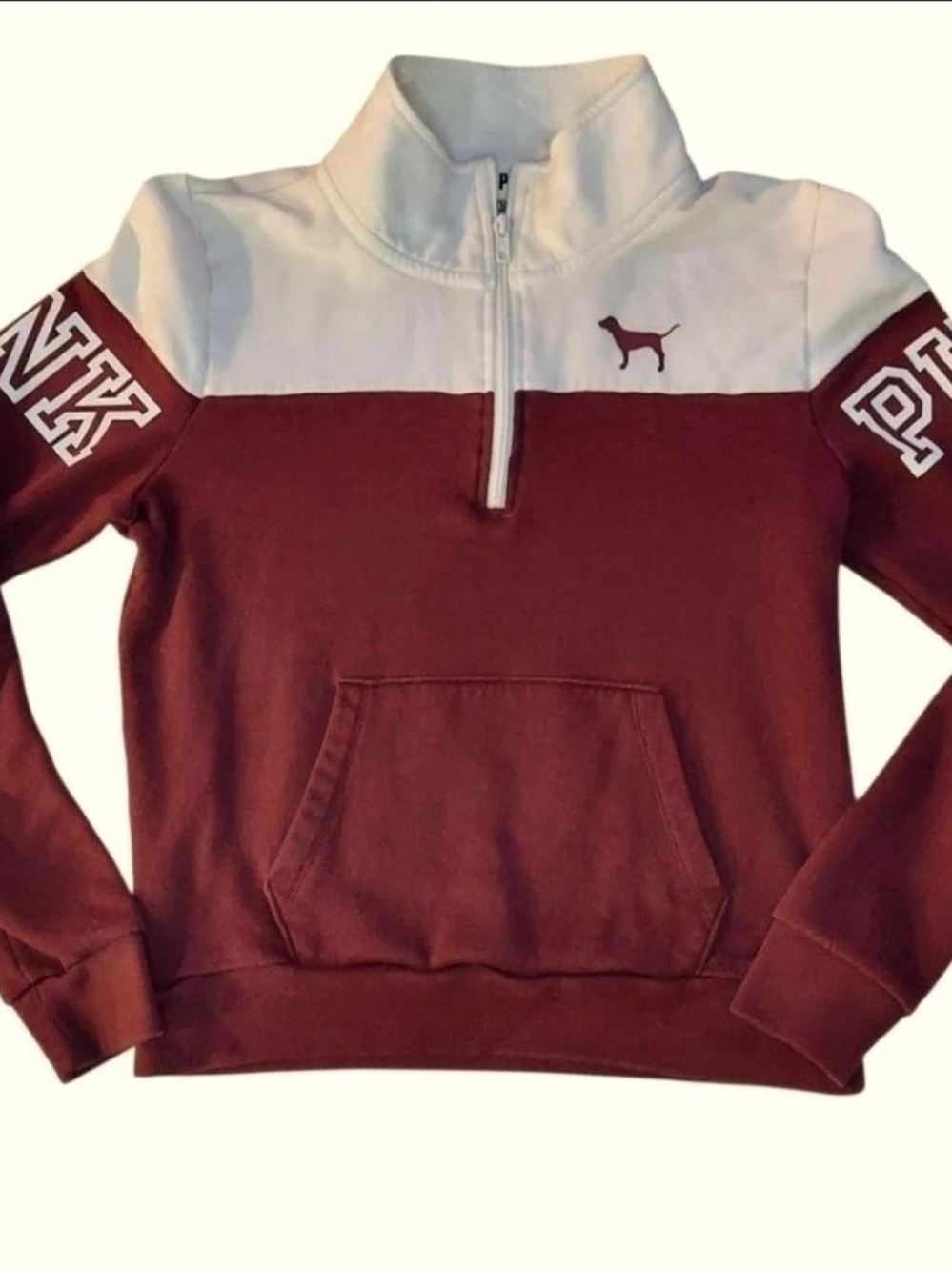 PINK Victoria's Secret Maroon and White Half-Zip Pullover Sweatshirt